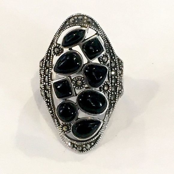Vintage Marcasite Black Onyx Sterling Silver Cocktail Ring - Picture 1 of 7